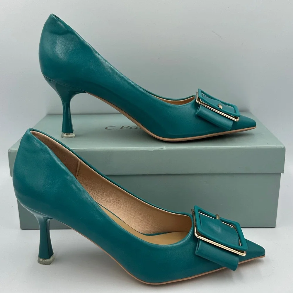 C.Paravano Peacock Blue Buckle Pumps Sz 36 / 5.5 Leather Pointed Toe Kitten Heel